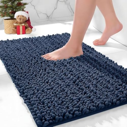 Bathroom Rugs Non Slip Washable 32x20, Extra Thick Soft Chenille Absorbent Bath Mat, High Density Barrier Non Slip Backing, Quick Dry Plush Shaggy Floor Carpet for Tub&Shower, Blue