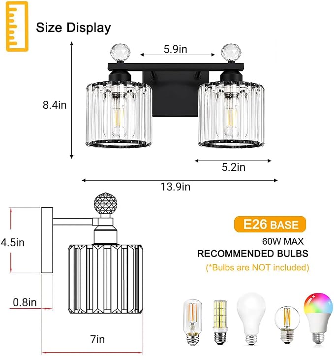 Lxybcce Modern Crystal Bathroom Vanity Light, 14In 2-Lights Bathroom Light Fixtures, Black Vanity Light Fixtures Over Mirror, Easy Installation & Shadow-Free Illumination for Bathroom Mirror Decor