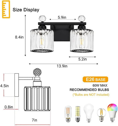 Lxybcce Modern Crystal Bathroom Vanity Light, 14In 2-Lights Bathroom Light Fixtures, Black Vanity Light Fixtures Over Mirror, Easy Installation & Shadow-Free Illumination for Bathroom Mirror Decor