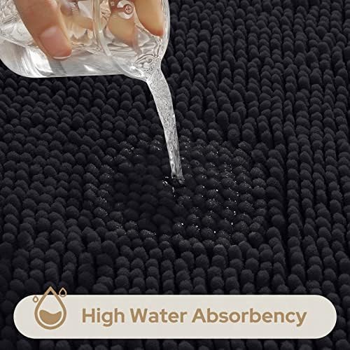 HOMEIDEAS Black Long Chenille Bathroom Rugs Set of 3, Non Slip Bath Mat