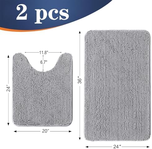 OLANLY Chenille Bathroom Rugs Mats Set 2 Piece, 36"x24"+24"x20", Light Grey