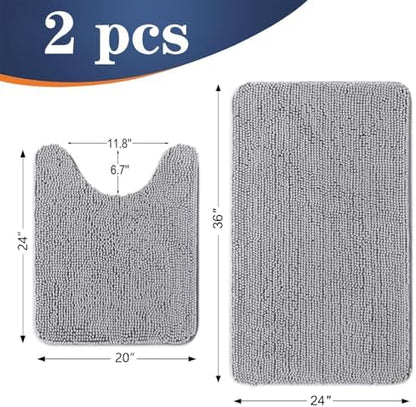 OLANLY Chenille Bathroom Rugs Mats Set 2 Piece, 36"x24"+24"x20", Light Grey