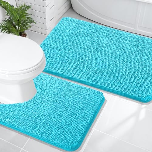 OLANLY Chenille Bathroom Rugs Mats Sets 2 Piece, 36"x24"+24"x20", Aqua Sky