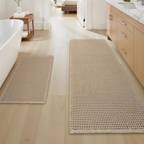 Upgraded Waffle Bath Mat Set of 2 Absorbent Bathroom Mat 18"x30" + 24"x48"