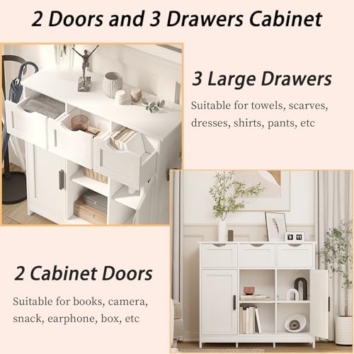 Sideboard Floor Storage Cabinet - Wooden Storage Organizer with 2 Doors and 3 Drawers, Free Standing Accent Buffet Cabinet with Adjustable Shelves for Living Room, Kitchen,Bathroom (White)
