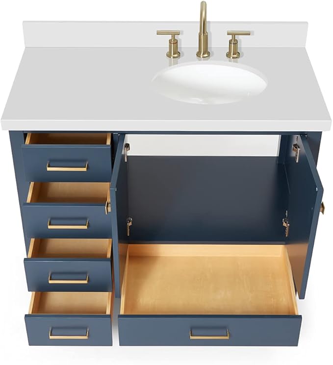 ARIEL Cambridge 42-inch Bathroom Vanity with Sink,Solid Wood, 1.5-inch Pure White Quartz Countertop & Backsplash, Single Oval Porcelain Sink, 2 Soft Closing Doors, 5 Dovetail Drawers, Midnight Blue