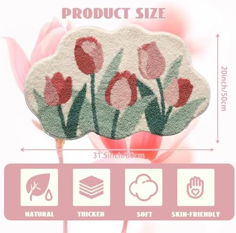 Cloud-Shaped Tulip Bath Mat, Soft Non-Slip Fluffy Fresh Flowers Bathroom Rug, Ultra Absorbent Microfiber Shaggy Door Mat, Machine Washable Bath Rug Carpet for Bathtub Bedroom 20x31 Inch (Tulip)