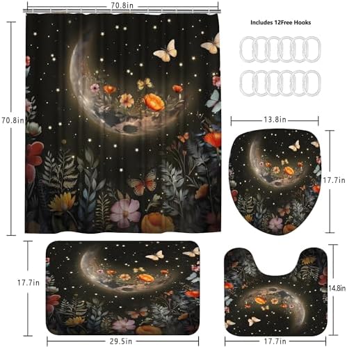 LQCOOL Shower Curtain Set 4 Pcs Black Moon Bathroom Sets with Shower Curtain and Rugs Bathroom Decor Set with 12 Hooks