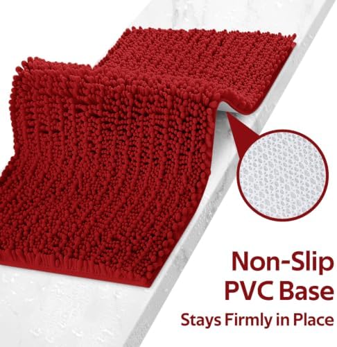 ACCUMTEK Upgrade Extra Large Red Bathroom Rug Set 3 Pieces Ultra Soft, Thick Absorbent Bath Mats, Non Slip Chenille Toilet Mat for Bathroom, Bedroom, Kitchen