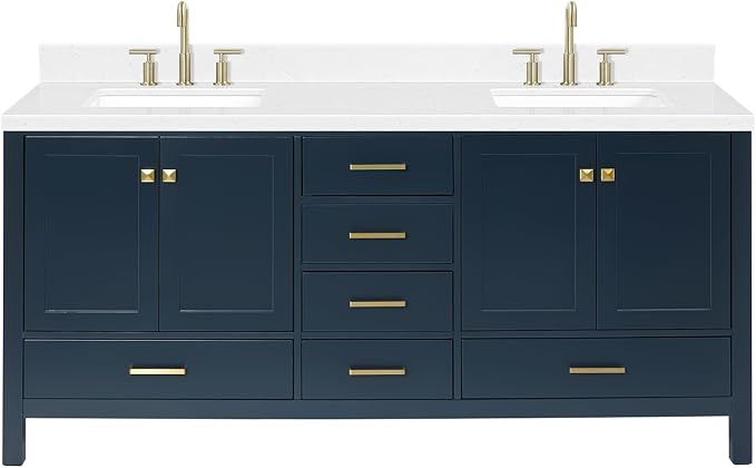 ARIEL Cambridge 72-inch Bathroom Vanity with Sink,Solid Wood, 1.5-inch Carrara White Quartz Countertop, Double Rectangular Porcelain Sink, 4 Soft Closing Doors, 6 Dovetail Drawers, Midnight Blue