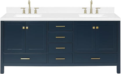 ARIEL Cambridge 72-inch Bathroom Vanity with Sink,Solid Wood, 1.5-inch Carrara White Quartz Countertop, Double Rectangular Porcelain Sink, 4 Soft Closing Doors, 6 Dovetail Drawers, Midnight Blue