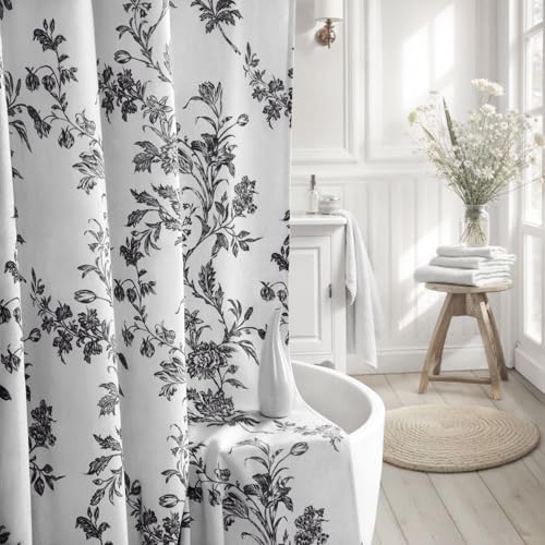 Black and White Floral Shower Curtain,Vintage Cotton Cottagecore Gray Shower Curtains for Bathroom, 72" W x 72" L