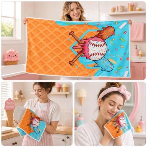 Moukeren Set of 3 Ice Cream Drip Baseball Bath Towels, Decorative Towels