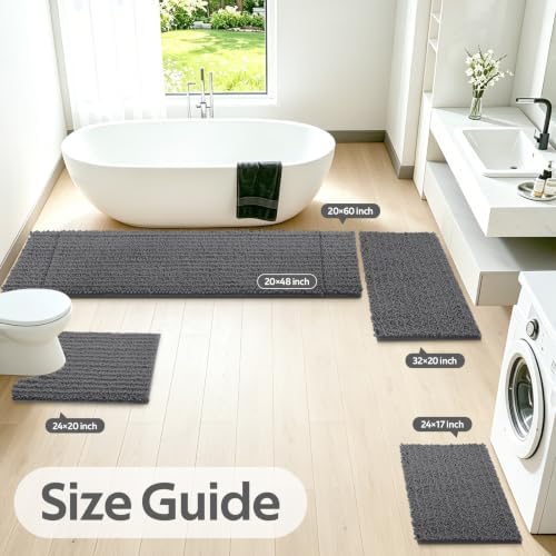 ACCUMTEK Upgrade Luxury 2 Piece Dark Gray Toilet Bathroom Rug Mat 60"x20"+32"x20", Ultra Soft Thick Absorbent Bath Mats, Non Slip Chenille Toilet Mat for Bathroom, Bedroom, Kitchen, Shower, Tub