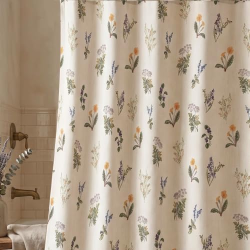 Linen Farmhouse Floral Shower Curtain with Lavender, Violet, Cornflower Wildflower Print, Water Resistant Fabric 72x72in Boho Shower Curtain with 12 Plastic Hooks