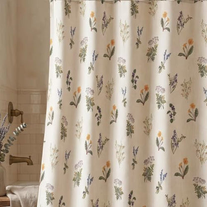 Linen Farmhouse Floral Shower Curtain with Lavender, Violet, Cornflower Wildflower Print, Water Resistant Fabric 72x72in Boho Shower Curtain with 12 Plastic Hooks
