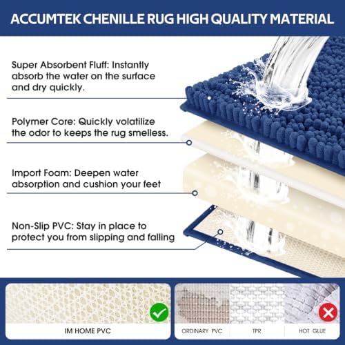 ACCUMTEK Upgrade Extra Large Blue Bathroom Rug Set 3 Pieces Ultra Soft, Thick Absorbent Bath Mats, Non Slip Chenille Toilet Mat for Bathroom, Bedroom, Kitchen