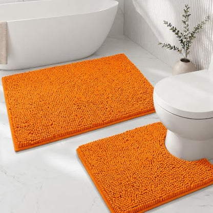 Bathroom Rugs Sets 2 Piece,Super Absorbent Soft,Thick,Machine Washable Chenille Bath Mat,Non Slip Toilet Floor Rug,Bath Mats for Bathroom,20x32 Plus 20x20 U Shape,Orange