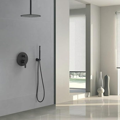Matte Black Ceiling Mount Round Rain Shower System with 12 Inch Shower Head and Handheld Bathroom Shower Set Contain Shower Faucet Trim Kit (Mixer Valve Included)