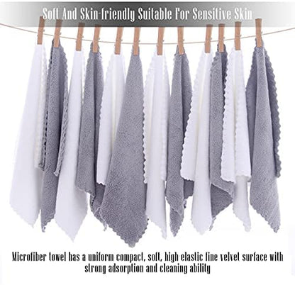 TENSTARS 12 Pack Premium Washcloths Set - Quick Drying- Soft Microfiber Coral Velvet Highly Absorbent Wash Clothes - Multipurpose Use as Bath, Spa, Facial, Fingertip Towel (Grey and White)