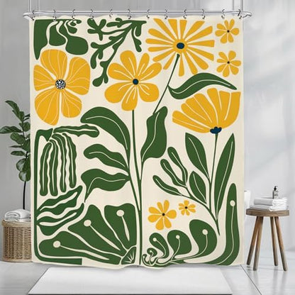 Yellow Green Matisse Flower Shower Curtain 60Wx72L Inch Abstract Retro Aesthetic Minimalist Vintage Art 70s Trendy Modern Bathroom Set Accessories Decor with 12 Pack Hooks