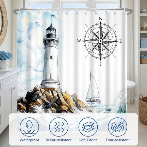 Coastal Lighthouse Shower Curtain with Hooks, Ocean Theme Waterproof Shower Curtains for Bathroom, Metal Grommets & Weighted Hem, Machine Washable Nautical Shower Curtain for Home, 72"W x 72"L