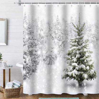 Onalasyc 4-Piece Christmas Shower Curtain Set,Winter Christmas Tree Snowflake Shower Curtains Holiday Bathroom Set with Shower Curtain and Rugs Waterproof Durable Fabric Bathtub Sets Home Decor,White