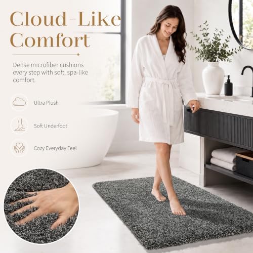 Yimobra Bathroom Rugs Non Slip Washable, Ultra Soft and Water Absorbent Bath Mats, Plush Fluffy Shower Mat Outside, Microfiber Thick Matts for Bathroom Floor/Sink, 24X17, Light Gray and Black Gray