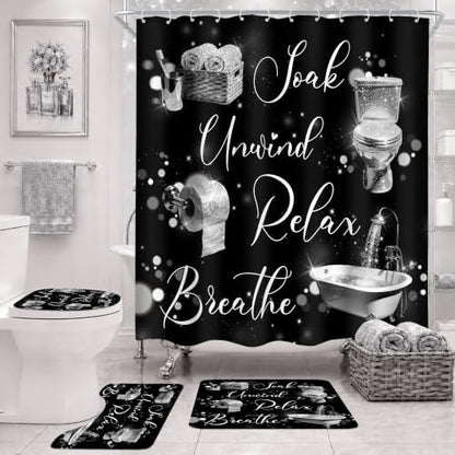 Silver Black Funny Quotes Words 4Pcs Bathroom Shower Curtain Set with Rugs