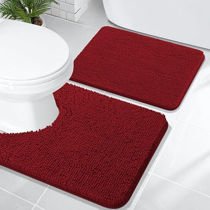 OLANLY Chenille Bathroom Rugs Mats Sets 2 Piece, 24"x16"+24"x20", Red