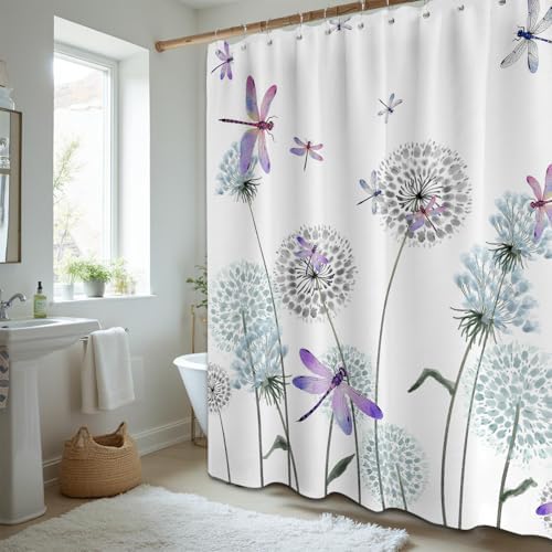 Dandelion Shower Curtain Purple Dragonfly Grey White Shower Curtains for Bathroom Decor, Waterproof Cloth Fabric with Hooks 60" W x 72" L