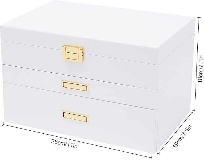 3 Layers Jewelry Storage Box with 2 Drawers, Large Wooden Jewelry Box for Women and Girls Necklace Ring Watch Organizer, White