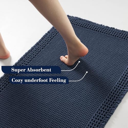RESARE Waffle Bathroom Runner Rugs, Non Slip Boho Bath Mat 24"x48" Navy