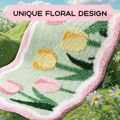 TRUEDAYS Tulips Floral Bathroom Rug, Cute Bath Mat for Bathroom, 32”x20”
