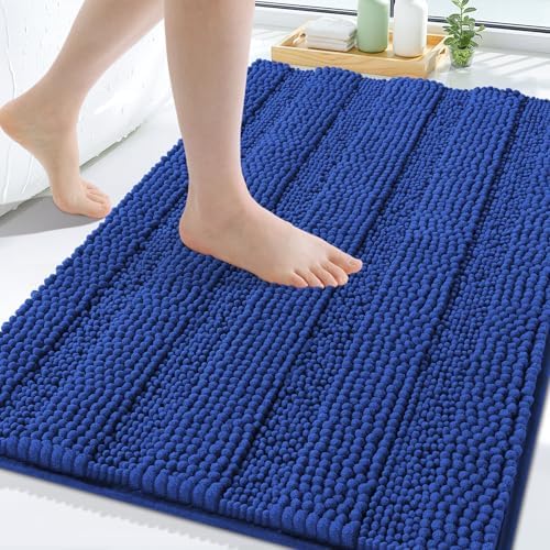 Grandaily Chenille Striped Bathroom Rugs 30x20, Extra Thick and Absorbent Bath Mats, Non-Slip Soft Plush Shaggy Shower Carpet, Machine Wash Dry, Bath Rug for Bathroom, (Medium, Cobalt Blue)