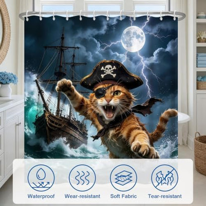 Ocean Pirate Cat Waterproof Nautical Bathroom Shower Curtain Set with Hooks