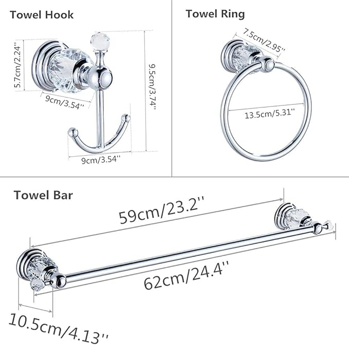 WINCASE Crystal Bathroom Hardware Set 24 Inch, Chrome Towel Bar Set, Silver 4 Piece Accessories Wall Mounted Coat Hook Hand Towel Ring Toilet Paper Holder