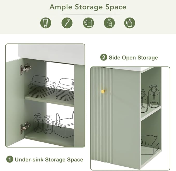 22" Small Bathroom Vanity with Sink, Floating Vanity for Bathrooms with Soft-Close Door and Open Shelf, Wall Mounted Narrow Bathroom Vanities for Compact Bathrooms (Green,22" Floating Right Shelf)