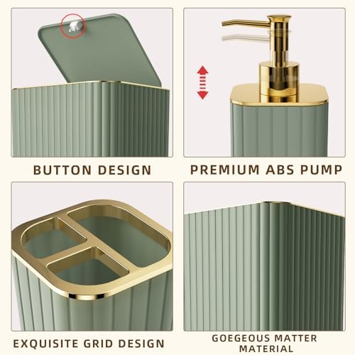 XLHOMO Bathroom Accessory Set - 26PC Bathroom Shower Curtain and Rug Set, Bathroom Accessories Set, Sage Green Bathroom Set with Trash Can, Toilet Brush, Qtip Holder & Soap Dispenser