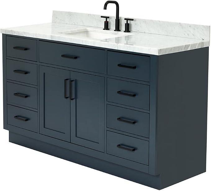 ARIEL Hepburn 60-inch Bathroom Vanity with Sink,Solid Wood, 1.5-inch Italian Carrara Marble Countertop, Single Rectangular Porcelain Sink, 2 Soft Closing Doors, 9 Dovetail Drawers, Midnight Blue