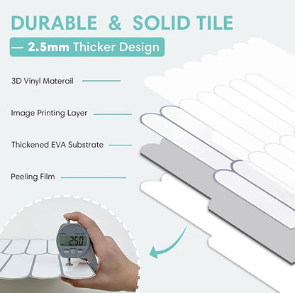 Commomy Thicker White Peel and Stick Tiles Backsplash - 10 pcs of 12" x 12" - 3D Adhesive Peel and Stick Backsplash for Kitchen, Bathroom, Removable, Waterproof, Vinyl Wall Tile (Gray Grout)