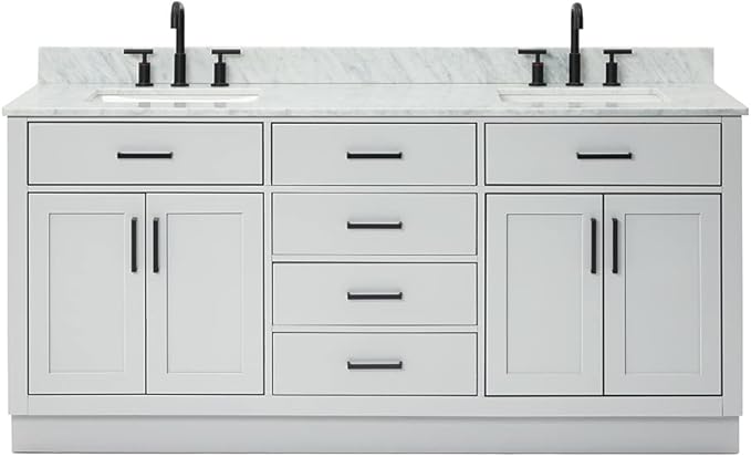 ARIEL Hepburn 72-inch Bathroom Vanity with Sink,Solid Wood, 0.75-inch Italian Carrara Marble Countertop, Double Rectangular Porcelain Sink, 4 Soft Closing Doors, 6 Dovetail Drawers, Grey