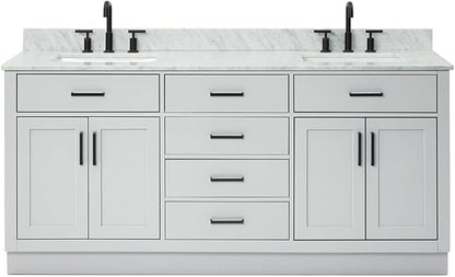 ARIEL Hepburn 72-inch Bathroom Vanity with Sink,Solid Wood, 0.75-inch Italian Carrara Marble Countertop, Double Rectangular Porcelain Sink, 4 Soft Closing Doors, 6 Dovetail Drawers, Grey