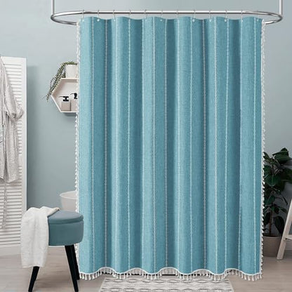 BTTN Teal Boho Farmhouse Linen Heavy Duty Cloth Shower Curtain Set, 72x72