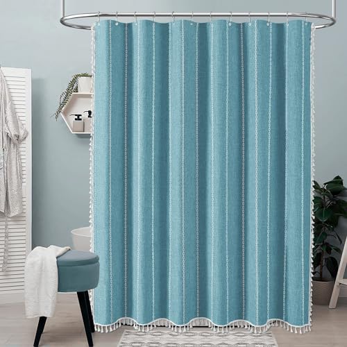 BTTN 72x78 Long Boho Farmhouse Linen Heavy Duty Cloth Shower Curtain, Teal