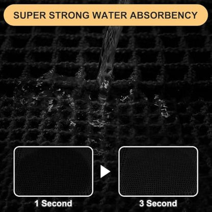 Upgrade Waffle Bath Mat Set 3 Piece, Boho Bathroom Rugs Absorbent Non Slip, Ultra Soft Bathroom Mat, Machine Washable Knit Bath Rugs with Tassels for Bathroom, Bedroom, Kitchen, Shower, Tub, Black