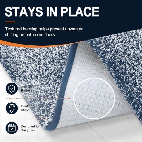 OLANLY Microfiber Bathroom Rugs 47x24, Quick Dry Bath Mat, Navy and White