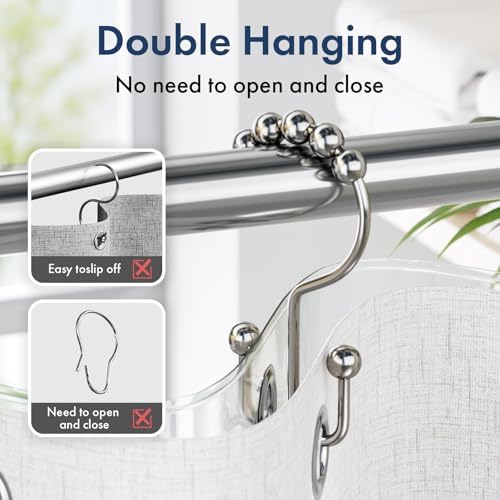 Bathway Shower Curtain Hooks Nickel Shower Curtain Rings, 12 Pcs Double Hook Shower Curtain Hooks Rings Shower Curtain Hangers Rust Proof, Metal Shower Hooks for Bathroom Shower Curtain Rod