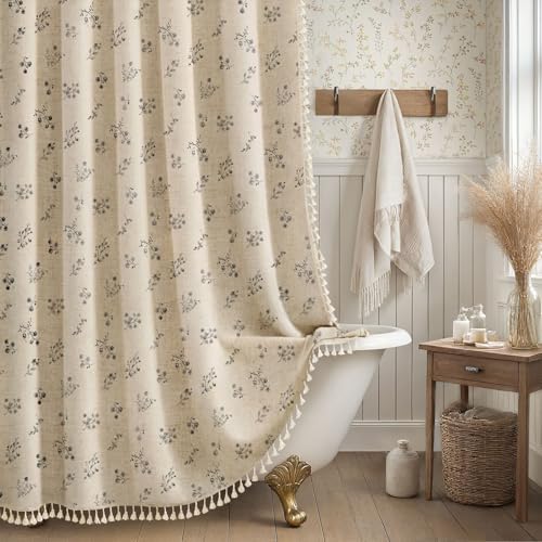 Black Floral Farmhouse Vintage Linen Shower Curtain with Tassel 72Wx72H