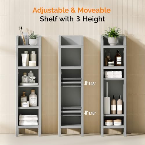 VINGLI Small Storage Corner Floor Cabinet, 7.9" Narrow Toilet Paper Storage Holder with Vertical Striped Door, Skinny Freestanding Organizer for Small Spaces, Slim Bathroom Storage Cabinet, Grey